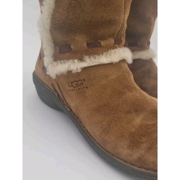 UGG Boots 8 Elijo Shearling Chestnut Brown Suede Cream 5674 Preowned Fast Ship - Picture 2 of 12